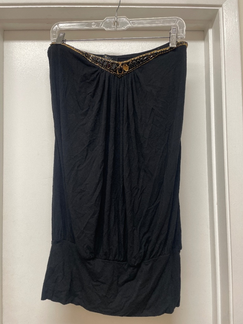 SKY Brand Black Strapless Mini Dress w Gold Chain & Stones READ